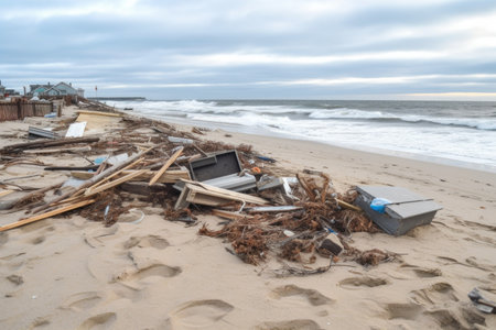 beach cleanup after storm, with debris and wreckage from the storm visible, created with generative aiの素材