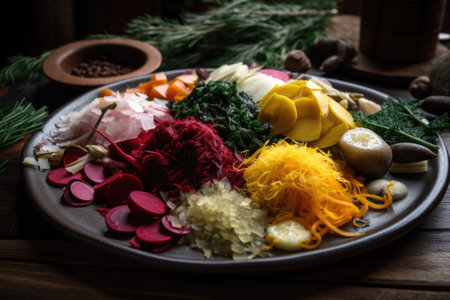 plate of fermented vegetables with variety of herbs and spices, created with generative aiの素材
