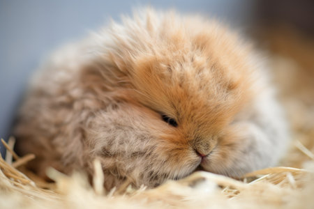 newborn rabbit nestled in fluffy fur, its eyes still closed, created with generative aiの素材