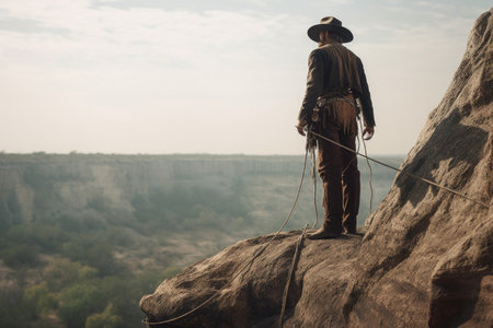 cowboy, standing on the edge of a cliff, with rope and hat in hand, created with generative aiの素材