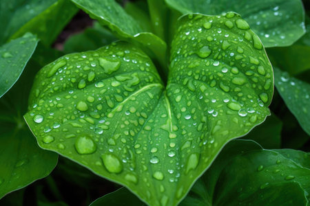 close-up of vibrant green leaves with dew on the petals, created with generative aiの素材
