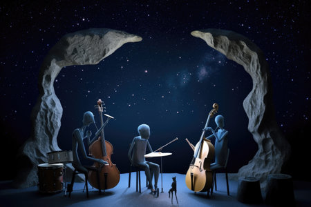 alien musicians playing their instruments with a view of the stars in the night sky, created with generative aiの素材