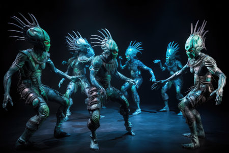 group of aliens performing ancient dance, with their movements and costumes having a mesmerizing effect, created with generative aiの素材