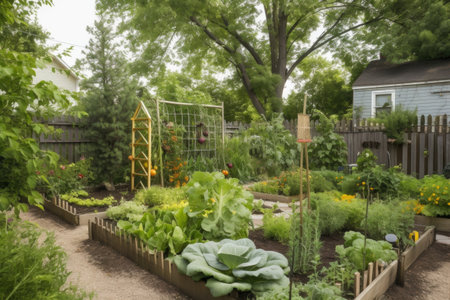 edible landscape garden with fruit trees, vegetables, and herbs, created with generative aiの素材