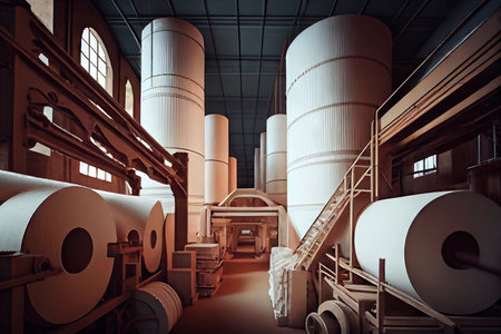 pulp and paper mill, with columns of freshly bleached paper rolling off the production line, created with generative aiの素材