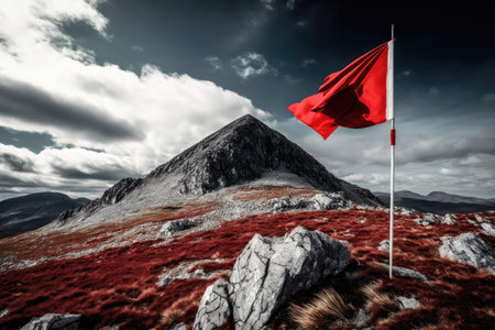 summit with red flag and panoramic view of the surrounding landscape, created with generative aiの素材