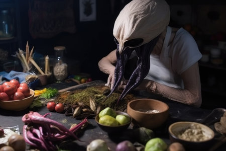 close-up of alien chef, preparing local delicacies for festival feast, created with generative aiの素材