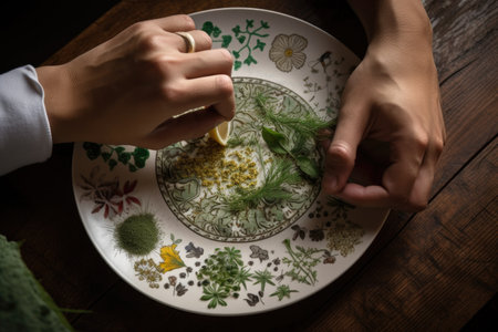 a cook, decorating a plate with intricate designs using fresh herbs and spices, created with generative aiの素材
