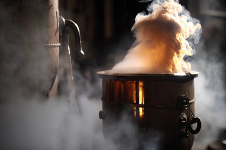 close-up of wood fire evaporator, with steam rising from the boiling sap, created with generative aiの素材