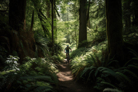 mountain biker making their way through dense forest, with trees and foliage surrounding them, created with generative aiの素材