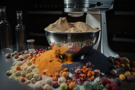 multitude of ingredients being mixed and blended together in commercial mixer, created with generative aiの素材