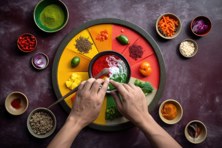 a cook, decorating a colorful plate with fresh ingredients and spices, created with generative aiの素材