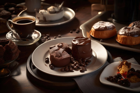 plate of chocolate cakes and pastries with coffee for breakfast, created with generative aiの素材