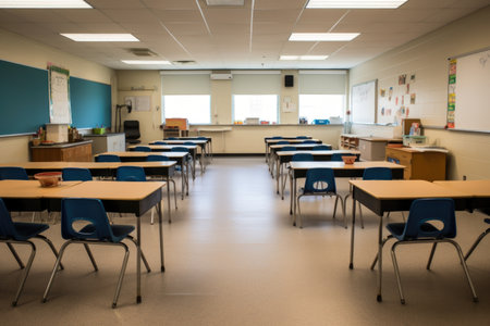 empty classroom, with student desks and chairs in their place, ready for the school year, created with generative aiの素材