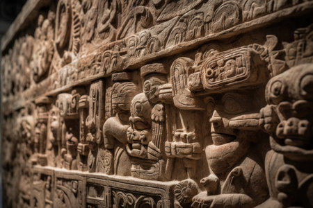 close-up of worn stone carving, depicting life and rituals of long-lost civilization, created with generative aiの素材