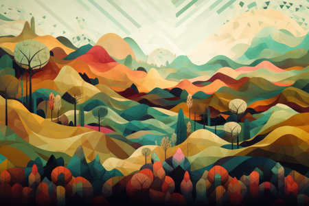 abstract and surreal landscape with repeating patterns of shapes and colors, created with generative aiの素材