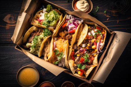 takeout box filled with tacos, burritos, and nachos, created with generative aiの素材