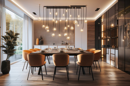 creative lighting design for a dining room, with warm mood and comfortable atmosphere, created with generative aiの素材
