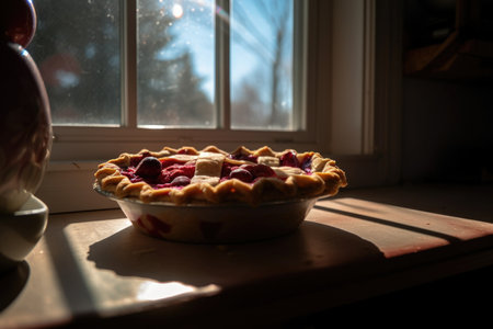cherry pie sitting on windowsill, with sun shining through the window, created with generative aiの素材