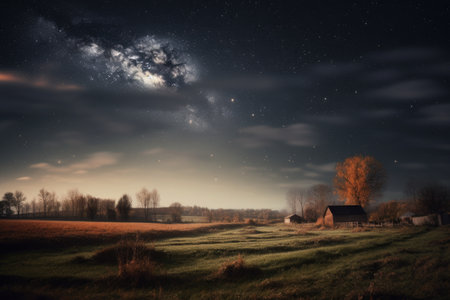 rural landscape with starry night sky, featuring a full moon and twinkling stars, created with generative aiの素材