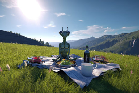 alien having picnic on the grassy hillside, with stunning vista visible in the background, created with generative aiの素材