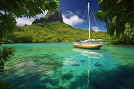 sailing boat moored in tranquil lagoon against tropical backdrop, created with generative aiの素材