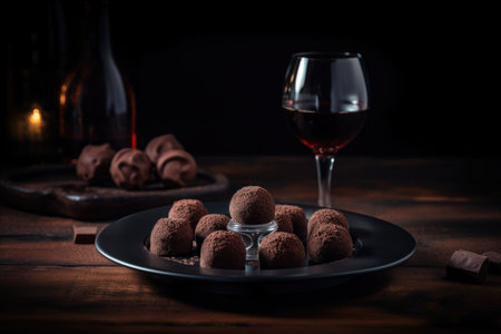 plate of rich chocolate truffles with glass of fine red wine, created with generative aiの素材
