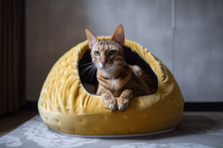 luxurious cat bed with plush pillow and shiny paw print, created with generative aiの素材