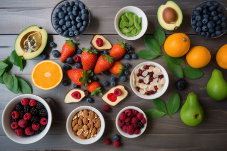 breakfast spread of immune-boosting fruits and vegetables, created with generative aiの素材