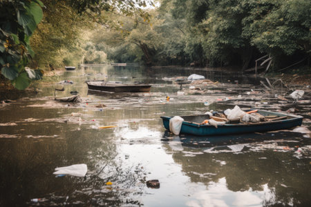 polluted waterway, with floating trash and debris, created with generative aiの素材