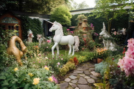 magical garden with beautiful flowers and magical creatures, including fairies and unicorns, created with generative aiの素材