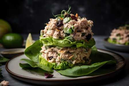 stack of crisp lettuce leaves topped with creamy tuna salad, created with generative aiの素材