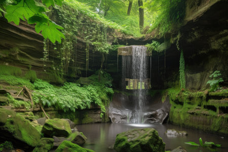 natural rock formation with waterfall, surrounded by lush greenery, created with generative aiの素材