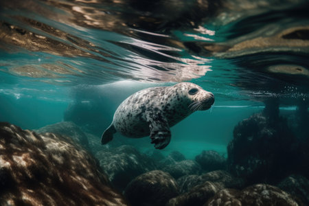 marine mammal swimming through crystal-clear water, created with generative aiの素材