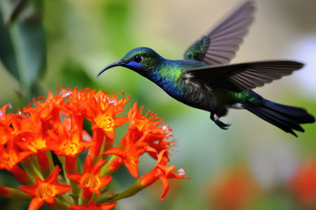 hummingbird, with its tiny beak and vibrant feathers, hovering over flower, created with generative aiの素材