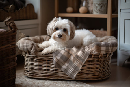 luxurious dog bed with plush blanket and pillow in basket, created with generative aiの素材