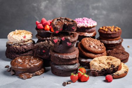 pile of chocolate cakes, with different toppings and fillings, created with generative aiの素材