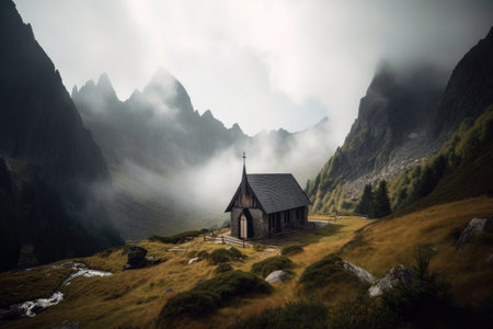 serene mountain chapel, surrounded by misty clouds and towering peaks, created with generative aiの素材