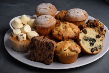 selection of muffins, scones, and cookies arranged on plate for tea-time treat, created with generative aiの素材