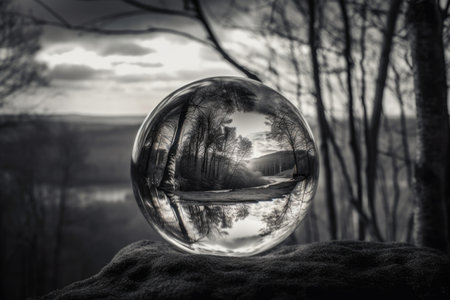 magic crystal ball surrounded by black and white photo of serene landscape, created with generative aiの素材