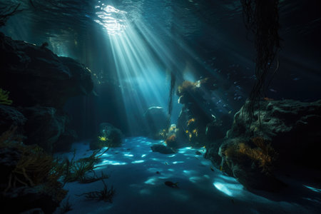 underwater cave with shimmering light, created by bioluminiscent organisms, created with generative aiの素材