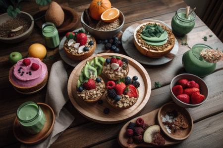 plant-based and vegan breakfast, with smoothie bowls, toasts, and fruit, created with generative aiの素材