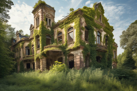 abandoned and decrepit castle or mansion, with vines growing over the walls, created with generative aiの素材