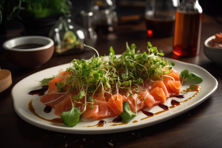 plate of sashimi, paired with spicy sriracha sauce and fresh sprouts, created with generative aiの素材