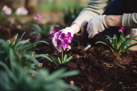 gardener, planting delicate orchid, in serene and peaceful garden, created with generative aiの素材