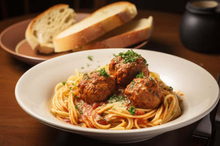plate of spaghetti and meatballs with side of garlic bread, created with generative aiの素材