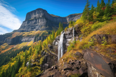 majestic mountain landscapes with waterfall, forest, and blue skies, created with generative aiの素材
