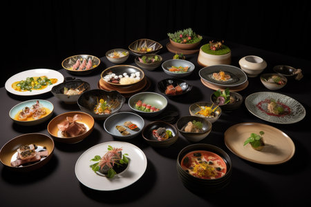 a collection of plates, each showcasing a different culinary creation, created with generative aiの素材
