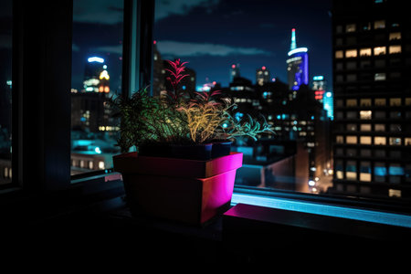 neon plant growing in window box, with view of city skyline, created with generative aiの素材