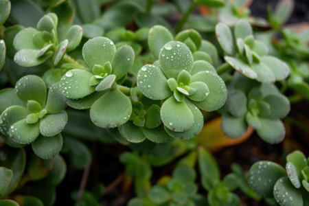 close-up of drought-tolerant and native plant with dew drops on the leaves, created with generative aiの素材